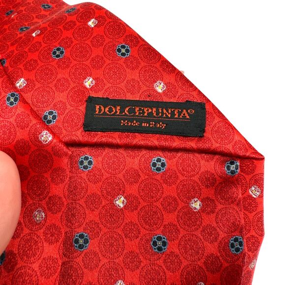 DolcePunta Men’s Silk Tie Red Circle Medallion Floral Italy Made 59x 3.5” Preppy - Picture 5 of 16